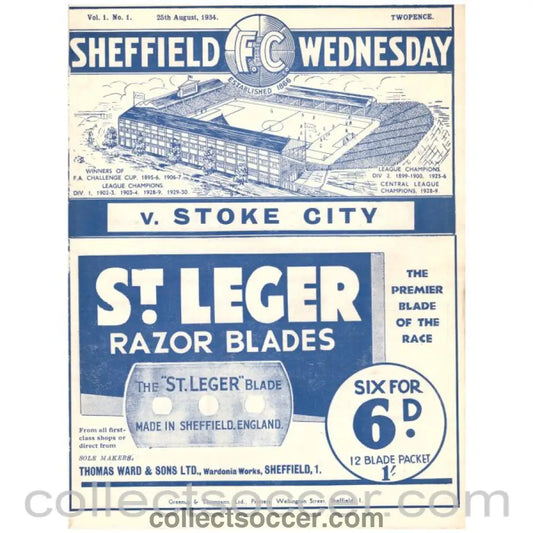 1934 Sheffield Wednesday v Stoke City Football Programme - Collect Soccer