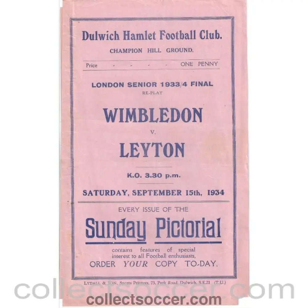 1934 - Wilmbledon v Leyton London Senior Cup Final 15/9/1934 Official Programme - Collect Soccer