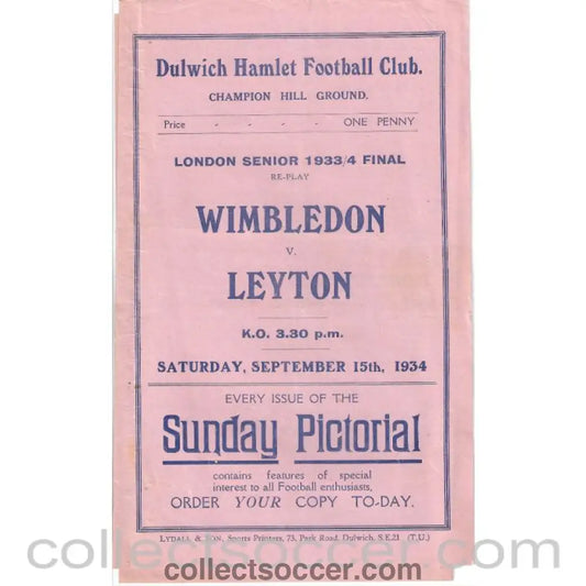 1934 - Wilmbledon v Leyton London Senior Cup Final 15/9/1934 Official Programme - Collect Soccer