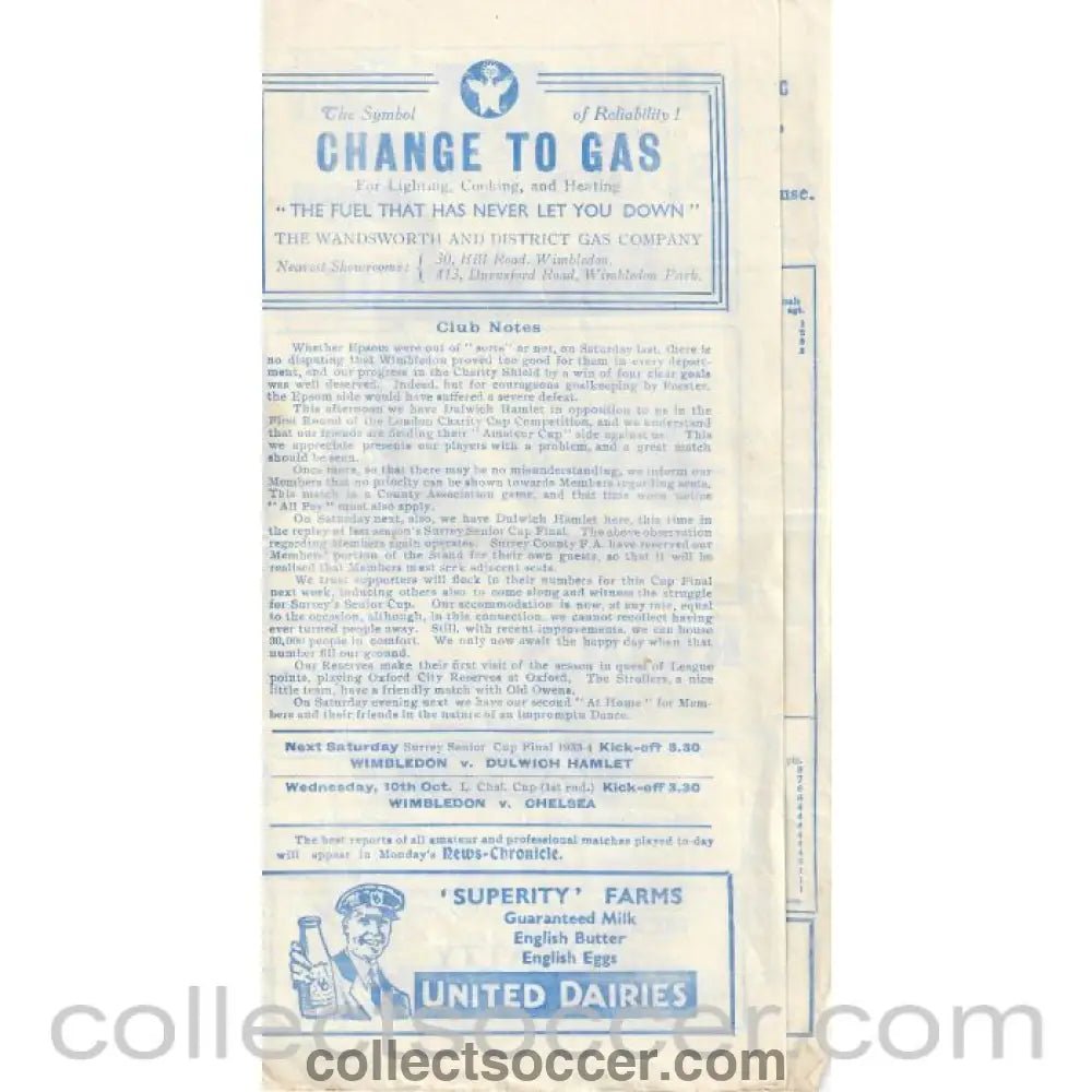1934 - Wimbledon v Dulwich Hamlet LCC 29/9/1934 Official Programme - Collect Soccer