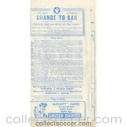 1934 - Wimbledon v Dulwich Hamlet LCC 29/9/1934 Official Programme - Collect Soccer