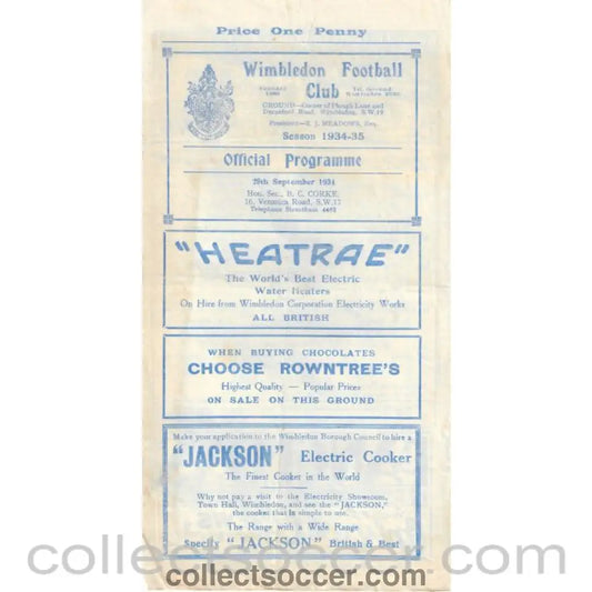 1934 - Wimbledon v Dulwich Hamlet LCC 29/9/1934 Official Programme - Collect Soccer