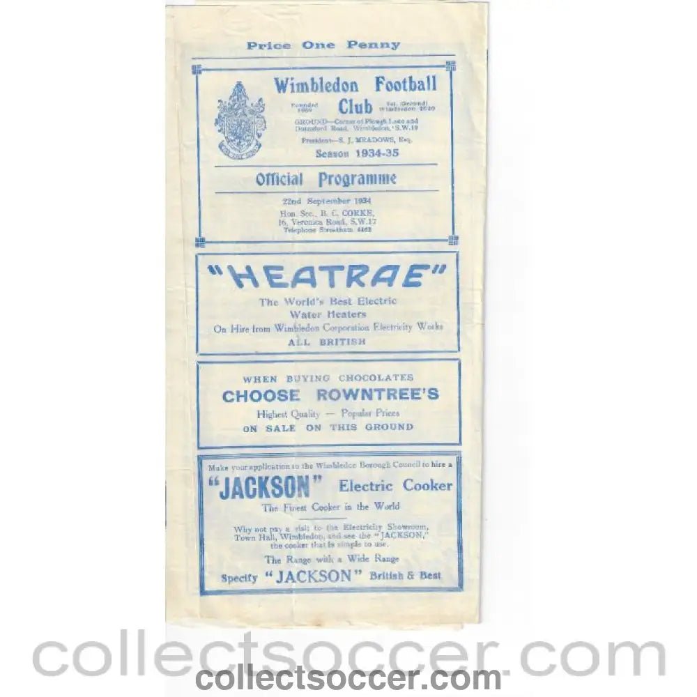 1934 - Wimbledon v Epsom SCS 22/9/1934 Official Programme - Collect Soccer