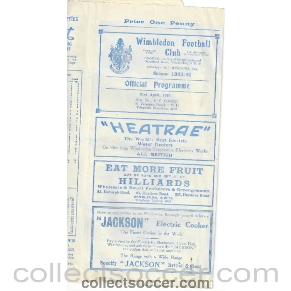 1934 - Wimbledon v The Casuals Official Programme 21/4/1934 - Collect Soccer