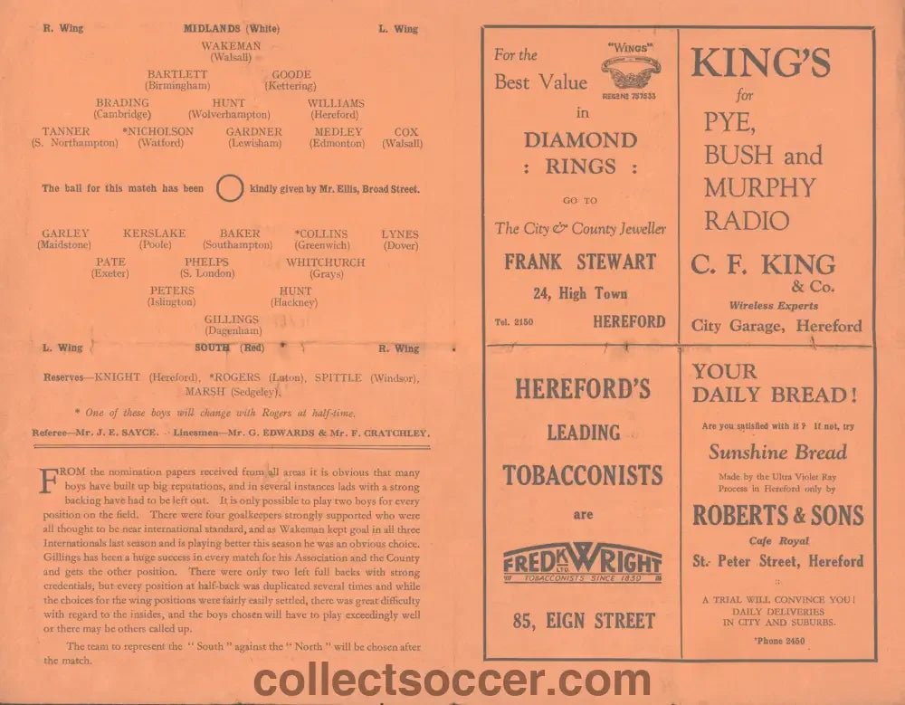 1935 At Edgar Street Hereford International Trial Match Programme Midlands v South - Collect Soccer