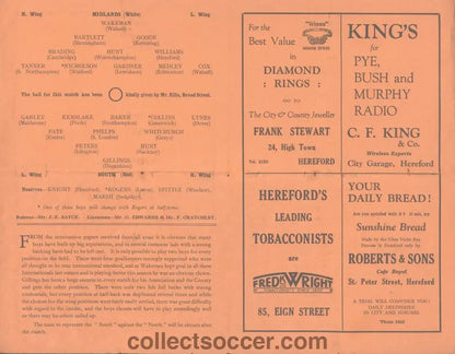 1935 At Edgar Street Hereford International Trial Match Programme Midlands v South - Collect Soccer