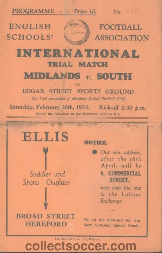1935 At Edgar Street Hereford International Trial Match Programme Midlands v South - Collect Soccer