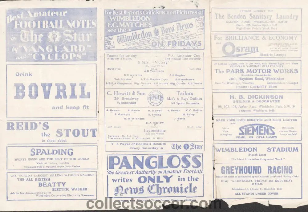 1935 At Wimbledon FC Leytonstone v HMS Victory 2nd Round 4th Replay FA Amateur Cup Programme - Collect Soccer