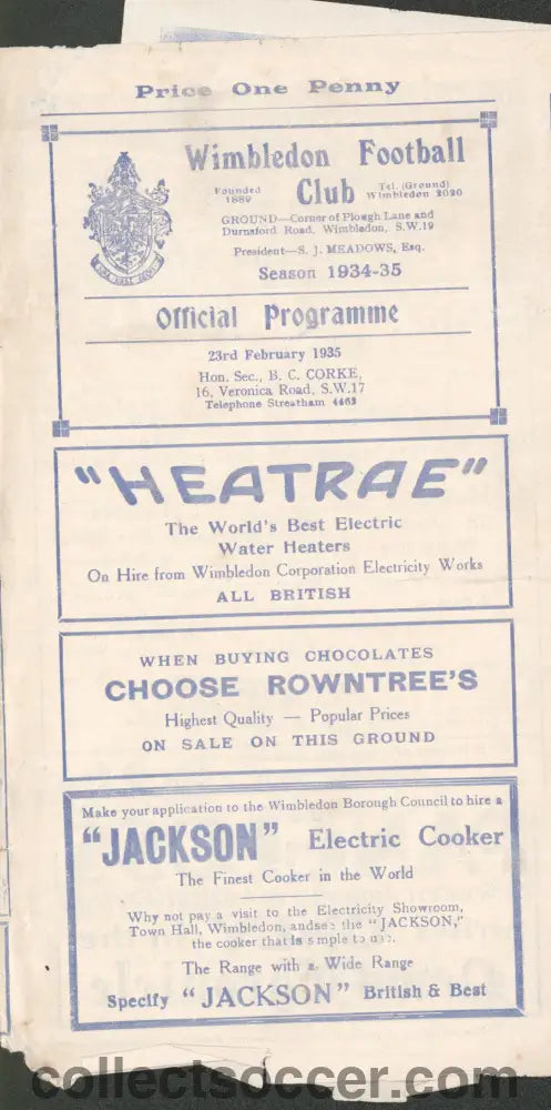 1935 At Wimbledon FC Leytonstone v HMS VIctory 2nd Round 4th Replay FA Amateur Cup Programme