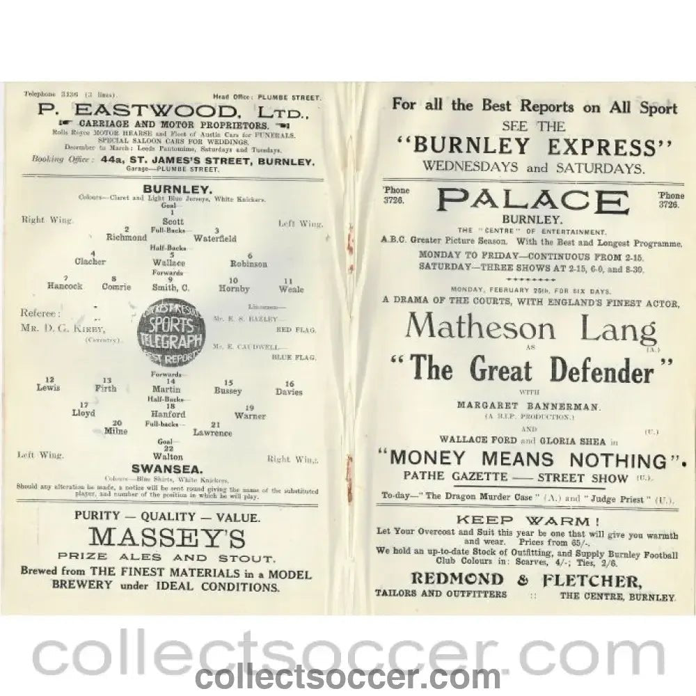 1935 - Burnley V Swansea 23/02/1935 Rare Football Programme - Collect Soccer