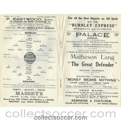 1935 - Burnley V Swansea 23/02/1935 Rare Football Programme - Collect Soccer