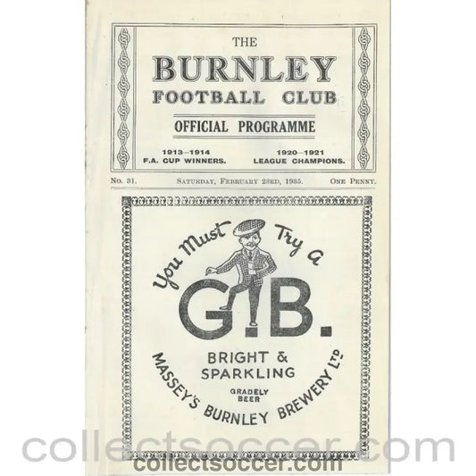 1935 - Burnley V Swansea 23/02/1935 Rare Football Programme - Collect Soccer