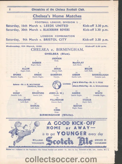 1935 Chelsea v Birmingham Official Football Programme 6/3/1935