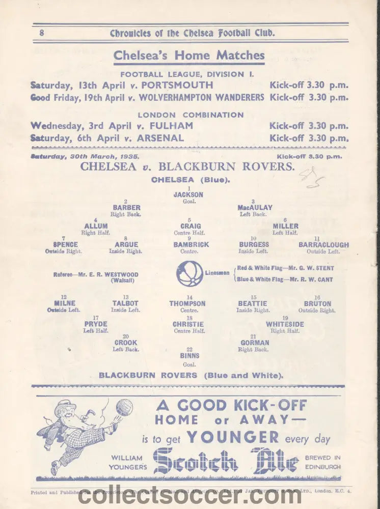 1935 Chelsea v Blackburn Rovers Official Programme 30/3/1935