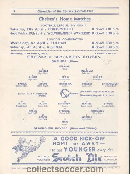 1935 Chelsea v Blackburn Rovers Official Programme 30/3/1935