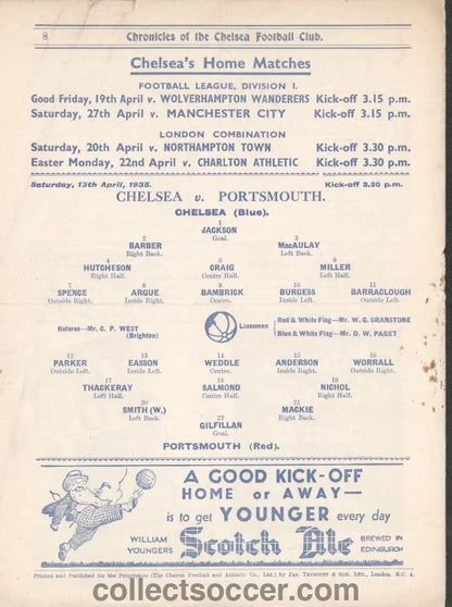1935 Chelsea v Portsmouth Official Programme 13/4//1935