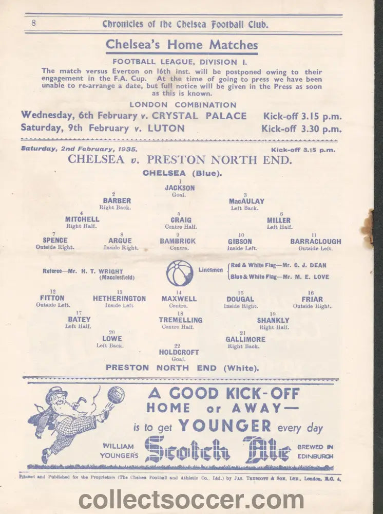 1935 Chelsea v Preston North End Official Football Programme 2/2/1935