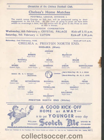 1935 Chelsea v Preston North End Official Football Programme 2/2/1935