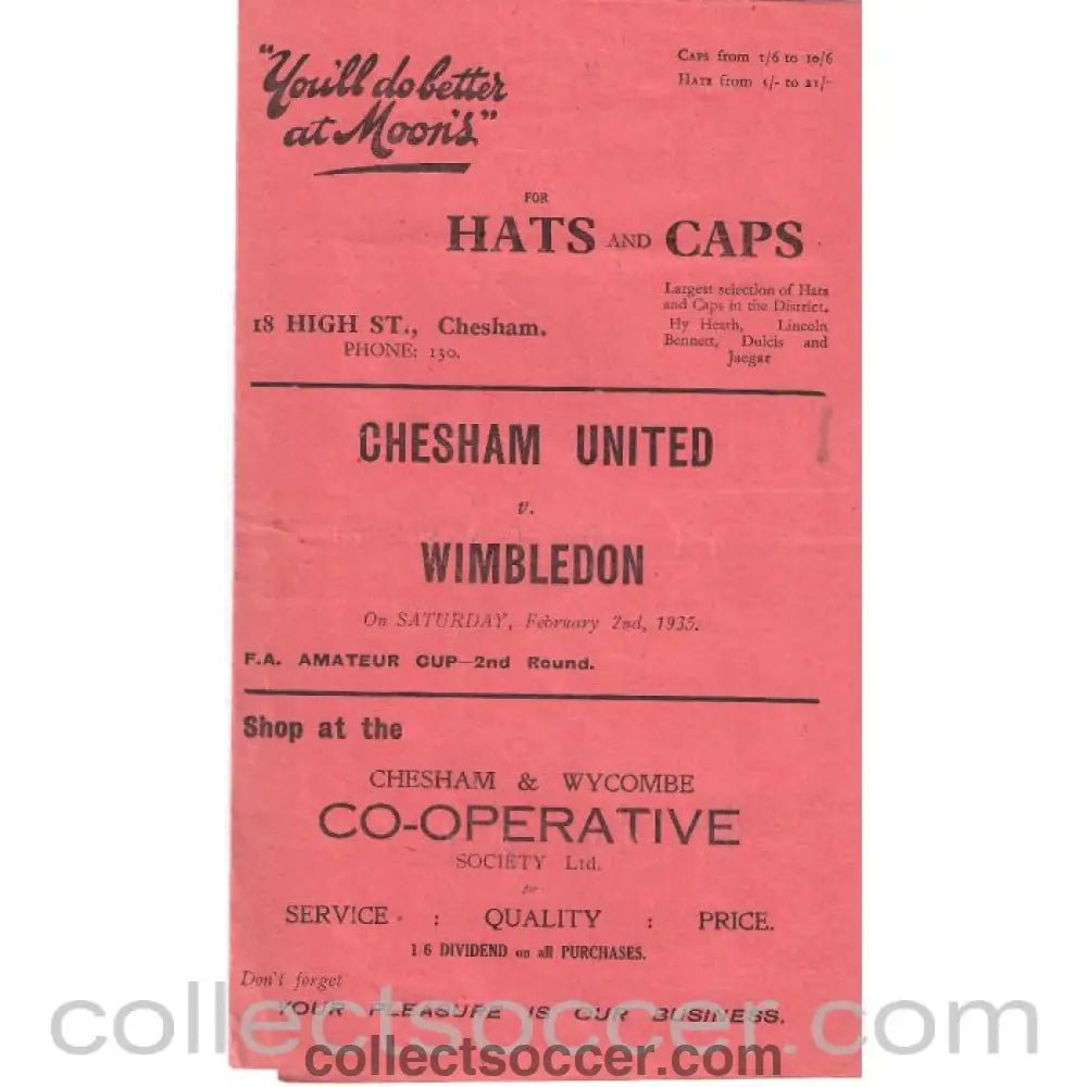 1935 - Chesham v Wimbledon 2/2/1935 FA Amateur Cup 2nd Round - Collect Soccer