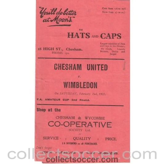 1935 - Chesham v Wimbledon 2/2/1935 FA Amateur Cup 2nd Round - Collect Soccer