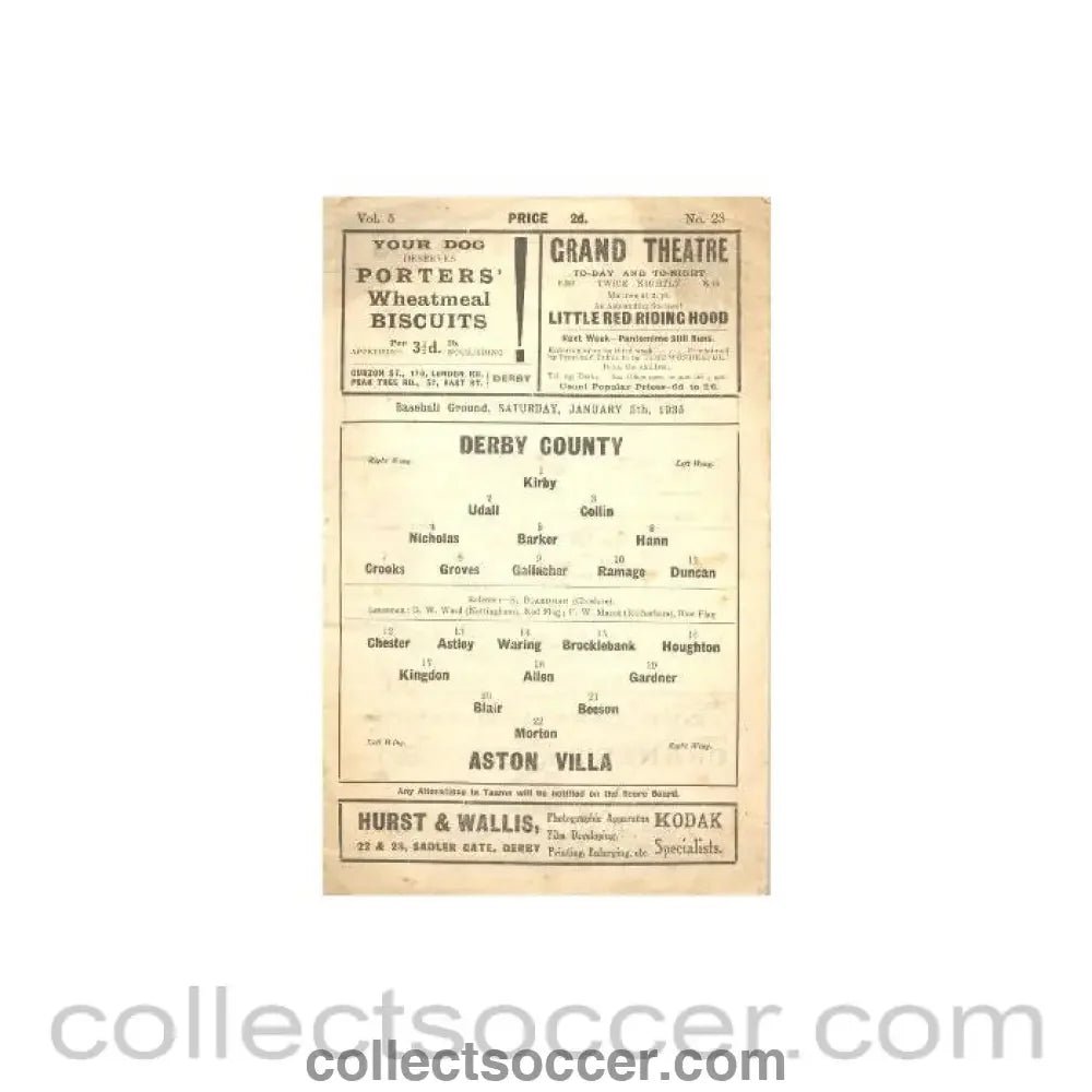 1935 - Derby County v Aston Villa official programme 05/01/1935 - Collect Soccer
