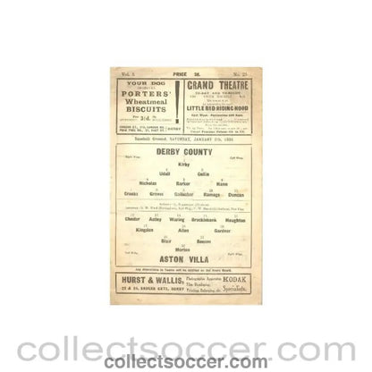 1935 - Derby County v Aston Villa official programme 05/01/1935 - Collect Soccer