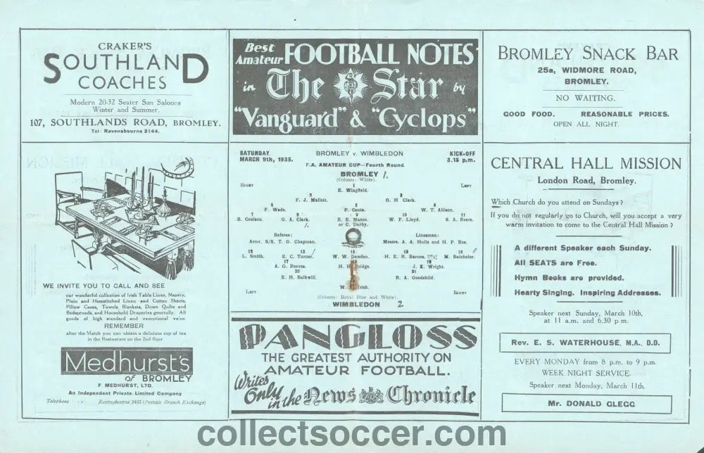 1935 FA Amateur Cup Bromley v Wimbledon Official Programme