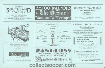 1935 FA Amateur Cup Bromley v Wimbledon Official Programme