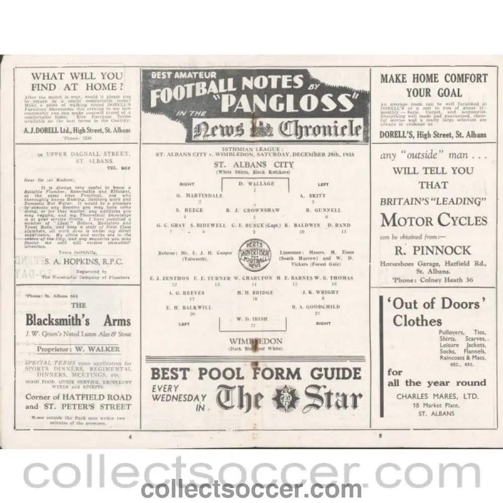 1935 - St Albans City V Wimbledon 28/12/1935 OfficiL Programme - Collect Soccer