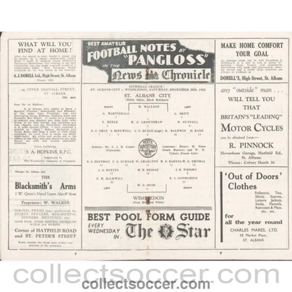 1935 - St Albans City V Wimbledon 28/12/1935 OfficiL Programme - Collect Soccer