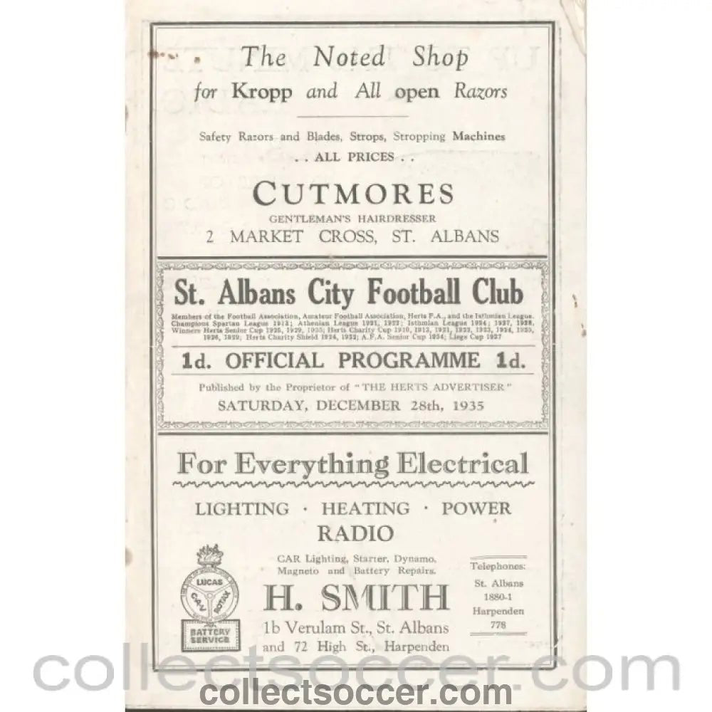 1935 - St Albans City V Wimbledon 28/12/1935 OfficiL Programme - Collect Soccer