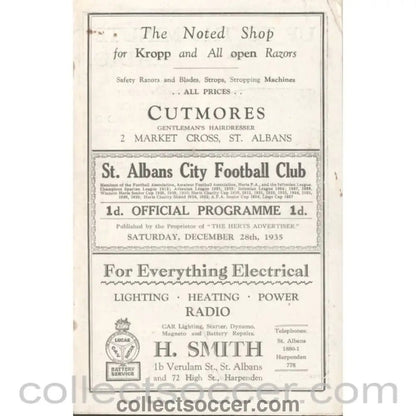 1935 - St Albans City V Wimbledon 28/12/1935 OfficiL Programme - Collect Soccer