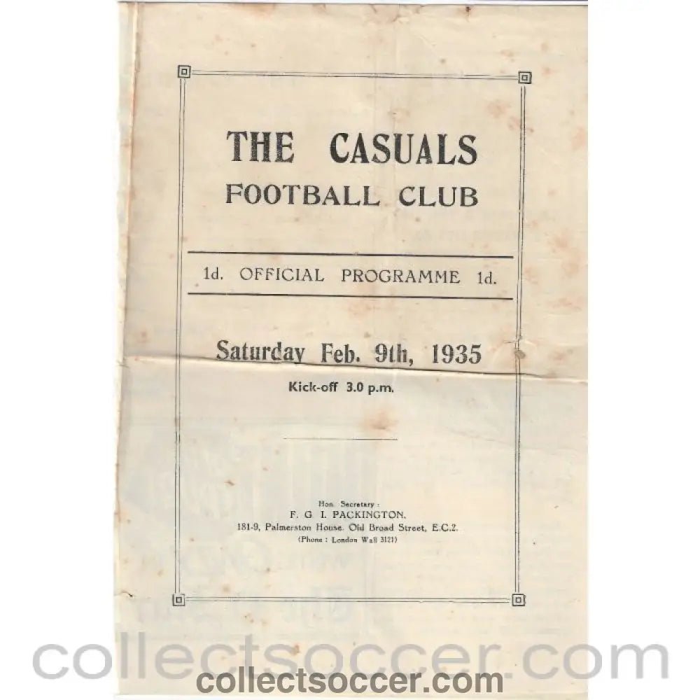 1935 - The Casuals v Wimbledon 9/2/1935 Official Programme - Collect Soccer