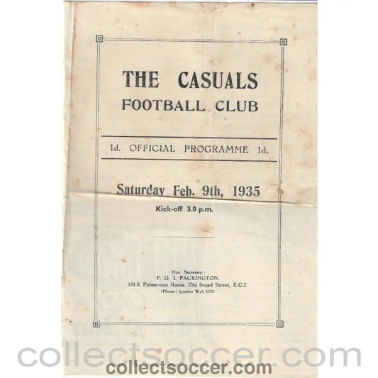1935 - The Casuals v Wimbledon 9/2/1935 Official Programme - Collect Soccer
