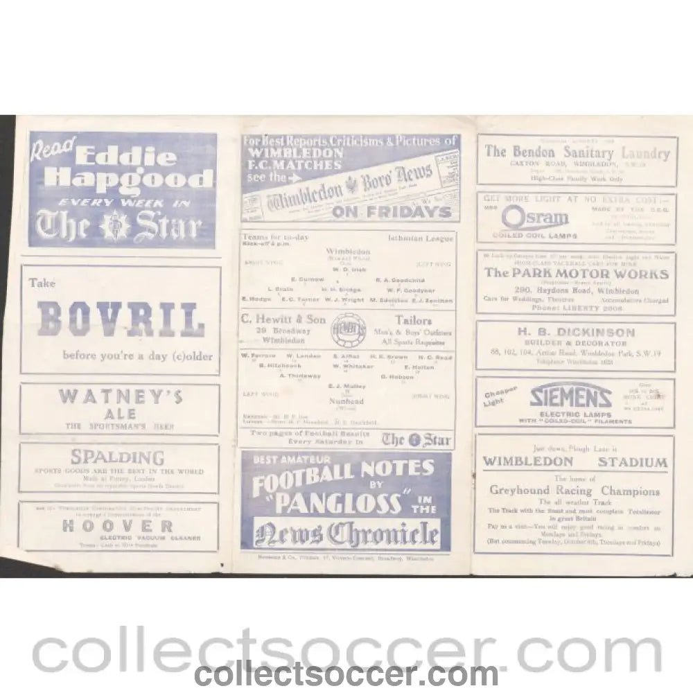 1935 - Wimbeldon v Nunhead 18/09/1935 Offiical Programme - Collect Soccer