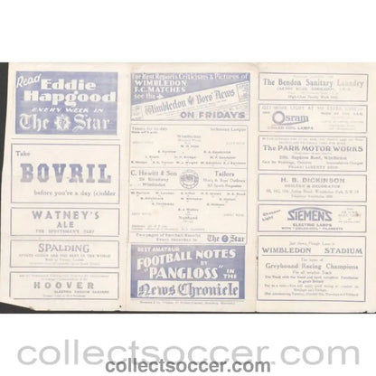 1935 - Wimbeldon v Nunhead 18/09/1935 Offiical Programme - Collect Soccer