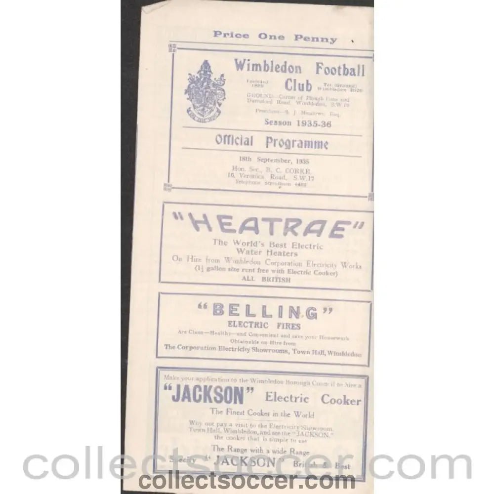 1935 - Wimbeldon v Nunhead 18/09/1935 Offiical Programme - Collect Soccer