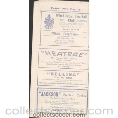 1935 - Wimbeldon v Nunhead 18/09/1935 Offiical Programme - Collect Soccer