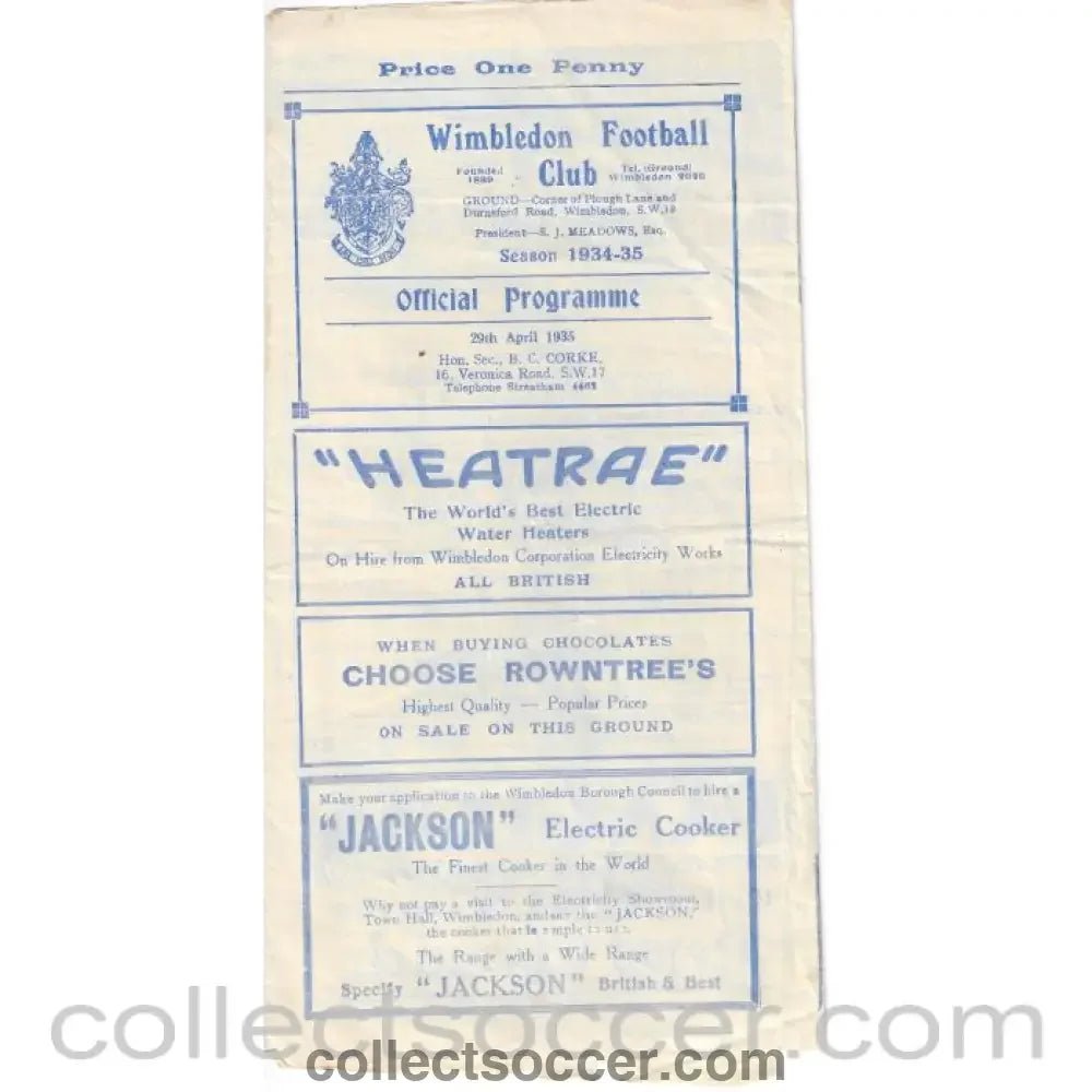 1935 - Wimbledon v St Albans City 29/4/1936 Official Football Programme - Collect Soccer