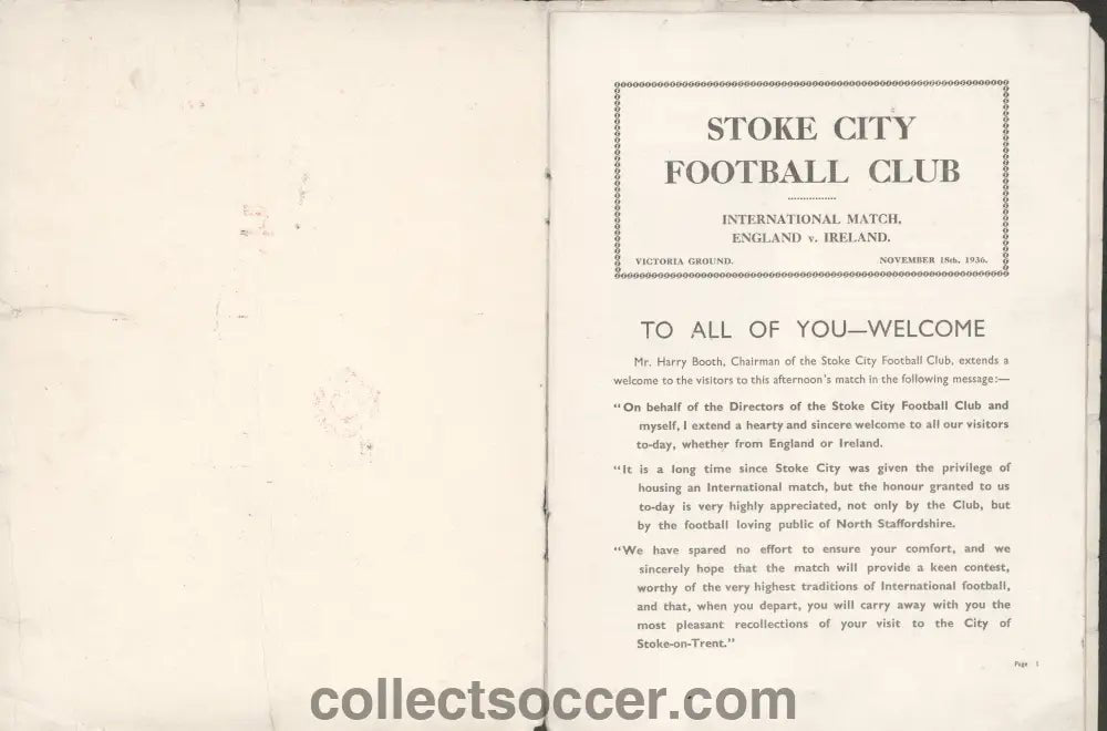 1936 At Stoke City England v Northern Ireland Football Programme - Collect Soccer