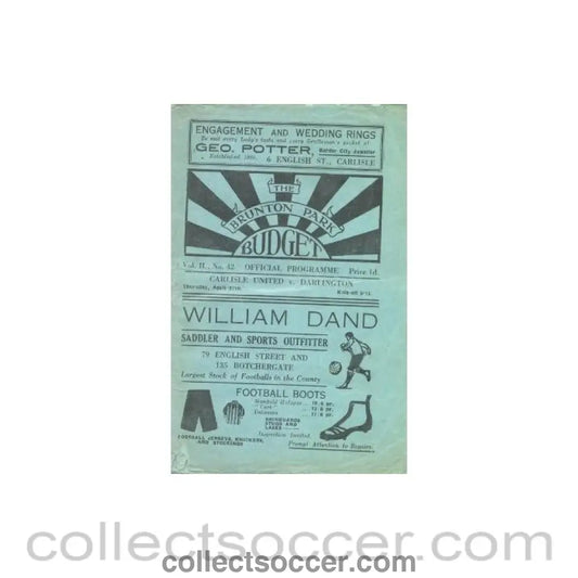 1936 - Carlisle United v Darlington official programme 27/04/1936