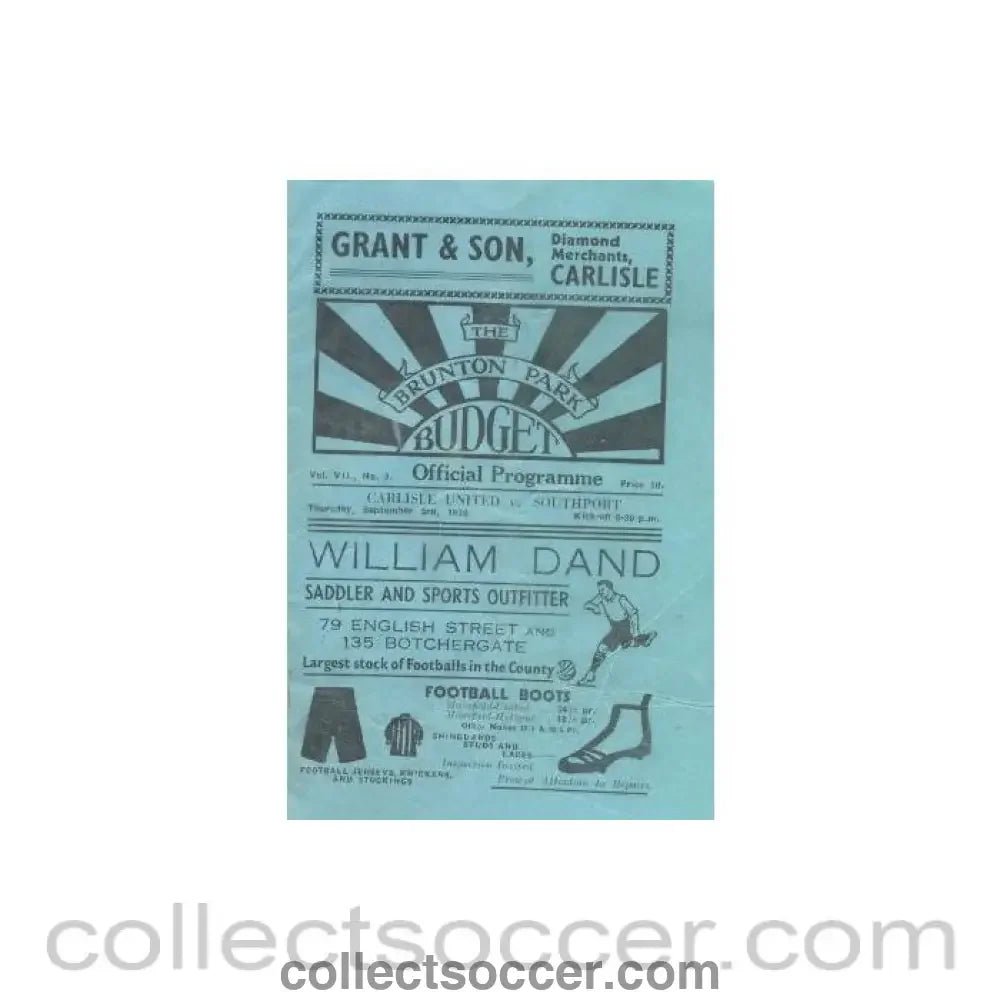 1936 - Carlisle United v Southport official programme 03/09/1936 Very Rare! - Collect Soccer