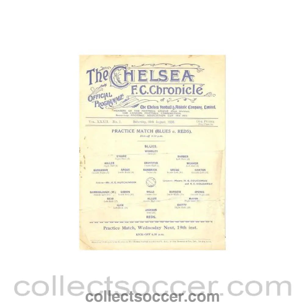 1936 - Chelsea Practice Match official programme 15/08/1936
