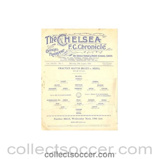 1936 - Chelsea Practice Match official programme 15/08/1936