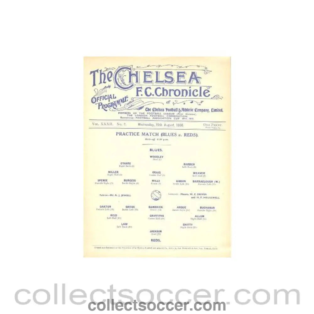1936 - Chelsea Practice Match official programme 19/08/1936