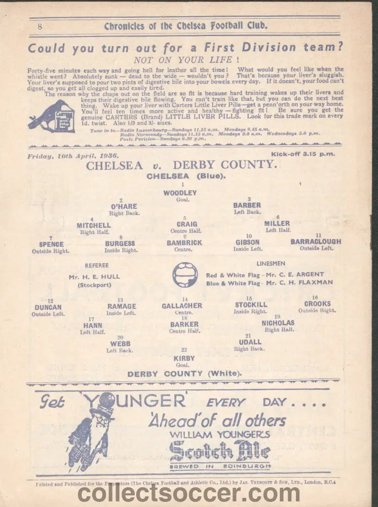 1936 Chelsea v Derby County Official Football Programme 10/4/1936