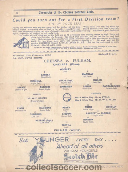 1936 Chelsea v Fulham FA Cup 5th Round Official Programme 15/2/1936