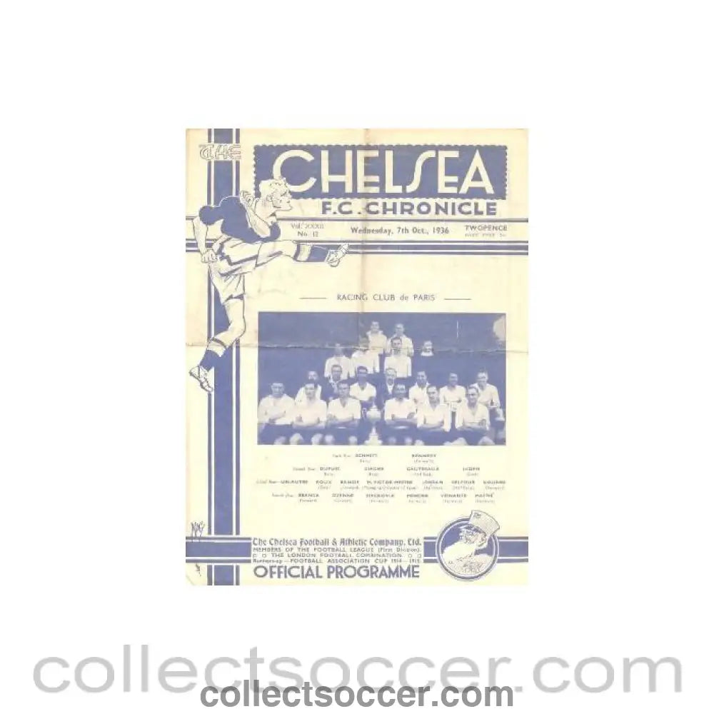1936 - Chelsea v Racing Club Paris official programme 07/10/1936 Friendly Match