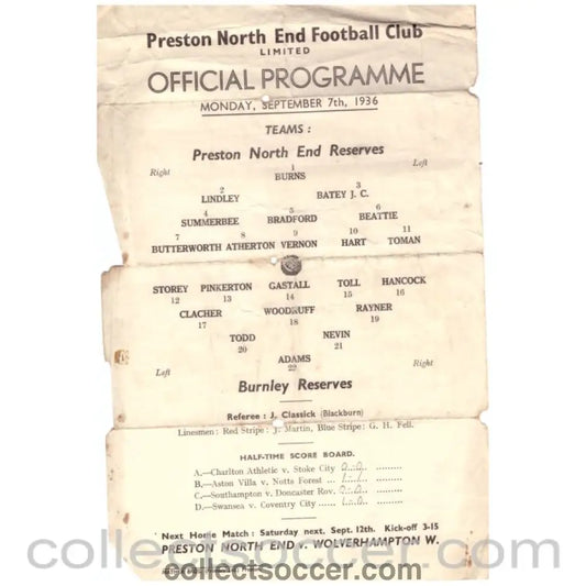 1936 Preston North End Reserves v Burnley Reserves programme - Collect Soccer