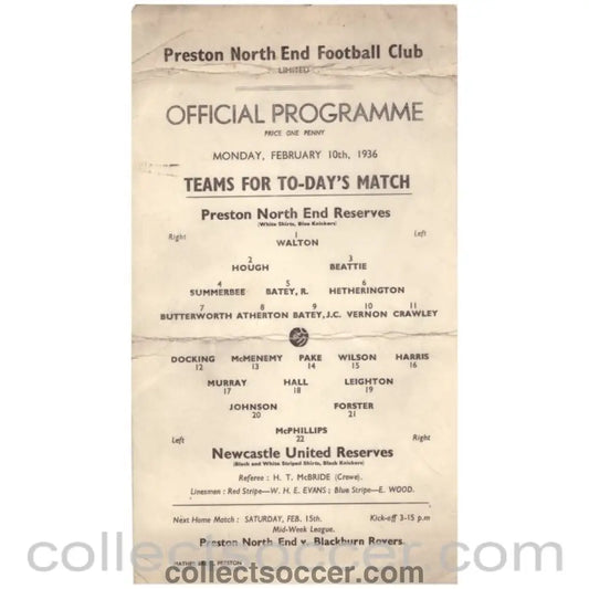 1936 Preston North End Reserves v Newcastle United Reserves programme - Collect Soccer